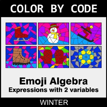 Winter: Emoji Algebra: Expressions with 2 variables - Coloring Worksheets