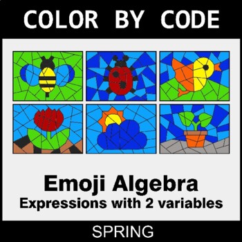 Spring: Emoji Algebra: Expressions with 2 variables - Coloring Worksheets