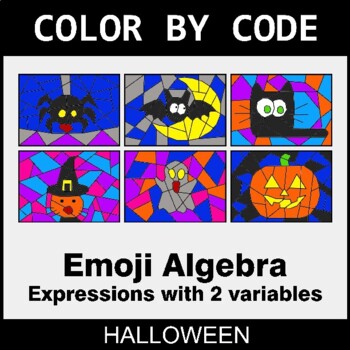 Halloween: Emoji Algebra: Expressions with 2 variables - Coloring Worksheets