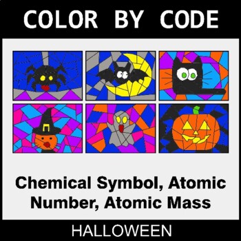 Halloween: Chemical Symbol, Atomic Number, Atomic Mass - Coloring Worksheets