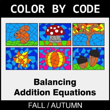 Fall: Balancing Addition Equations - Coloring Worksheets | Color by Code