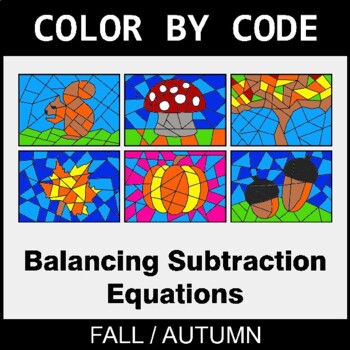 Fall: Balancing Subtraction Equations - Coloring Worksheets | Color by Code
