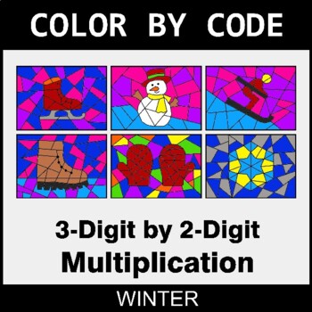 Winter: 3-Digit by 2-Digit Multiplication - Coloring Worksheets | Color by Code