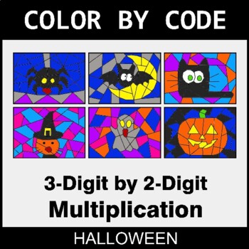 Halloween: 3-Digit by 2-Digit Multiplication - Coloring Worksheets