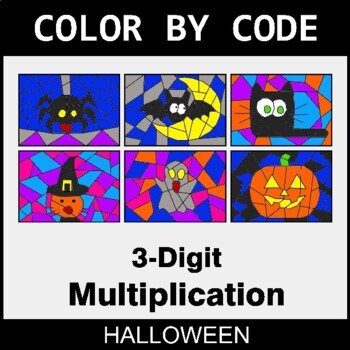 Halloween: 3-Digit Multiplication - Coloring Worksheets | Color by Code