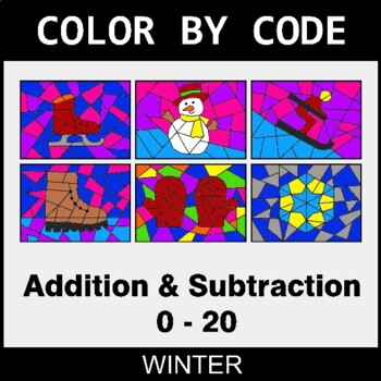 Winter: Addition & Subtraction (0-20) - Coloring Worksheets | Color by Code