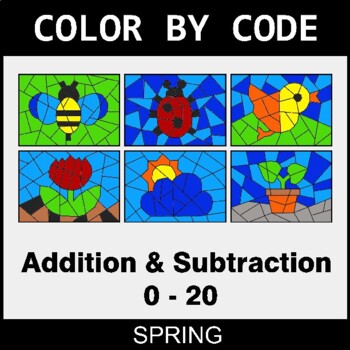 Spring: Addition & Subtraction (0-20) - Coloring Worksheets | Color by Code