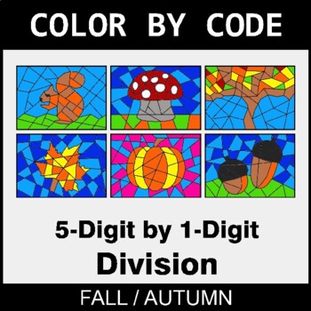 Fall: Division: 5-Digit by 1-Digit - Coloring Worksheets | Color by Code
