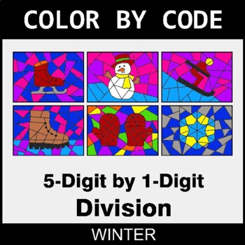 Winter: Division: 5-Digit by 1-Digit - Coloring Worksheets | Color by Code