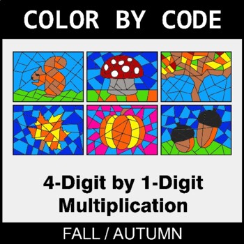 Fall: Multiplication: 4-Digit by 1-Digit - Coloring Worksheets | Color by Code