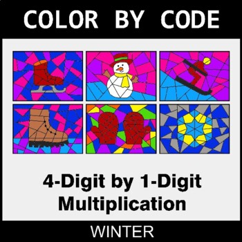 Winter: Multiplication: 4-Digit by 1-Digit - Coloring Worksheets | Color by Code