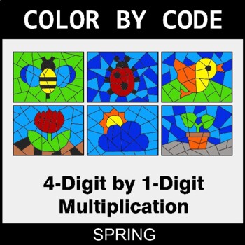 Spring: Multiplication: 4-Digit by 1-Digit - Coloring Worksheets | Color by Code