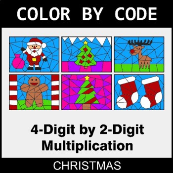 Christmas: Multiplication: 4-Digit by 2-Digit - Coloring Worksheets