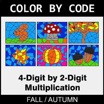 Fall: Multiplication: 4-Digit by 2-Digit - Coloring Worksheets | Color by Code