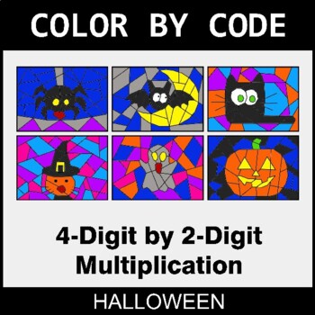 Halloween: Multiplication: 4-Digit by 2-Digit - Coloring Worksheets