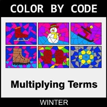 Winter: Algebra: Multiplying Terms - Coloring Worksheets | Color by Code