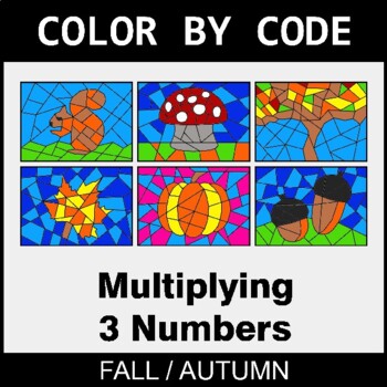 Fall: Multiplying 3 Numbers - Coloring Worksheets | Color by Code