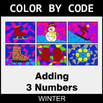 Winter: Adding 3 Numbers - Coloring Worksheets | Color by Code