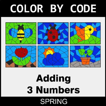 Spring: Adding 3 Numbers - Coloring Worksheets | Color by Code