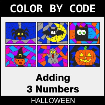Halloween: Adding 3 Numbers - Coloring Worksheets | Color by Code