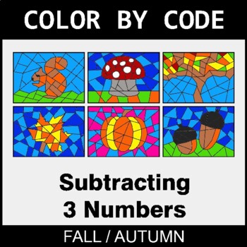 Fall: Subtracting 3 Numbers - Coloring Worksheets | Color by Code