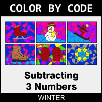 Winter: Subtracting 3 Numbers - Coloring Worksheets | Color by Code
