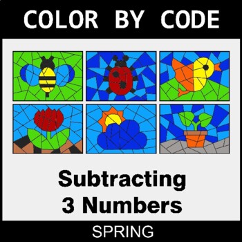 Spring: Subtracting 3 Numbers - Coloring Worksheets | Color by Code