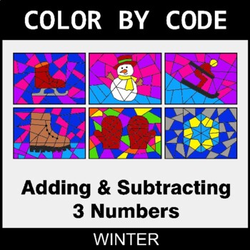 Winter: Adding & Subtracting 3 Numbers - Coloring Worksheets | Color by Code