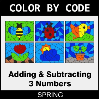 Spring: Adding & Subtracting 3 Numbers - Coloring Worksheets | Color by Code