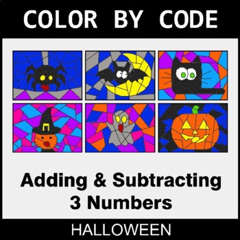 Halloween: Adding & Subtracting 3 Numbers - Coloring Worksheets | Color by Code