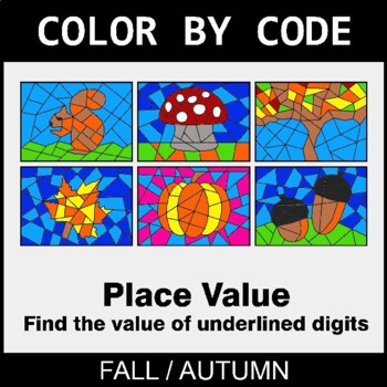 Fall: Place Value of Underlined Digit - Coloring Worksheets | Color by Code