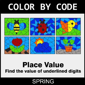 Spring: Place Value of Underlined Digit - Coloring Worksheets | Color by Code