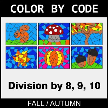 Fall: Division by 8,9,10 - Coloring Worksheets | Color by Code