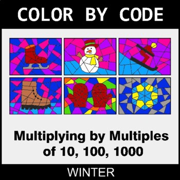 Winter: Multiplying by Multiples of 10, 100, 1000 - Coloring Worksheets