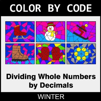 Winter: Dividing Whole Numbers by Decimals - Coloring Worksheets | Color by Code