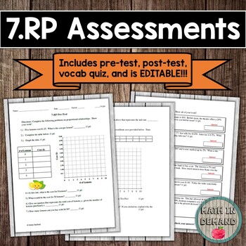 Preview of 7.RP CCSS (Proportional Relationships Assessments) EDITABLE