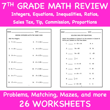 Preview of Integers, Equations, Inequalities, Ratio, Proportion, Sales Tax, Tip, Commission