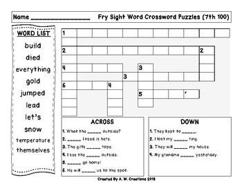 7th 100 Fry Sight Words Crossword Puzzle FREEBIE by A W Creations