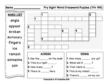 7th 100 Fry Sight Words Crossword Puzzles by A W Creations TPT