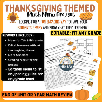 Preview of 7th & 8th EOY MATH REVIEW PROJECT | Thanksgiving Math Menu