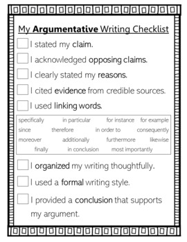 7th & 8th Grade Argumentative Writing Checklist by Miss Becca's Classroom
