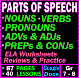 7th-8th Grade ELA Parts of Speech Worksheets. Nouns, Verbs