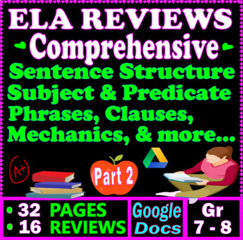Preview of 7th - 8th Grade ELA Reviews. Comprehensive Grammar Practice. Google Docs