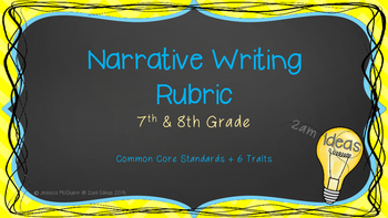 Preview of 7th & 8th Grade Narrative Writing Rubric with Common Core Standards and 6 Traits