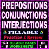 7th-8th grade ELA Worksheets: Prepositions, Conjunctions, 