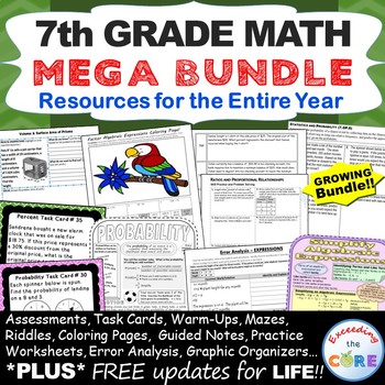 Preview of 7th GRADE MATH Assessments, Warm-Ups, Task Cards, Worksheets BUNDLE