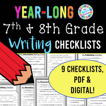 Preview of 7th Grade & 8th Grade Writing Checklists FULL YEAR BUNDLE! - PDF and digital!