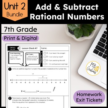 Preview of 7th Grade Add & Subtract Rational Numbers Worksheet/Exit Tickets -iReady Math U2