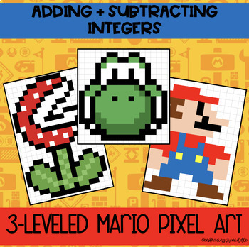 Preview of Adding and Subtracting Integers 3-Leveled Mario Pixel Art for Middle Schoolers