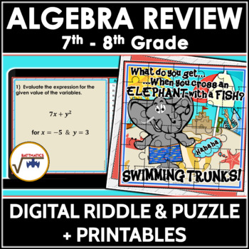 Preview of 7th Grade Algebra Skills Review SELF-CHECKING DIGITAL PUZZLE ACTIVITY | NO PREP